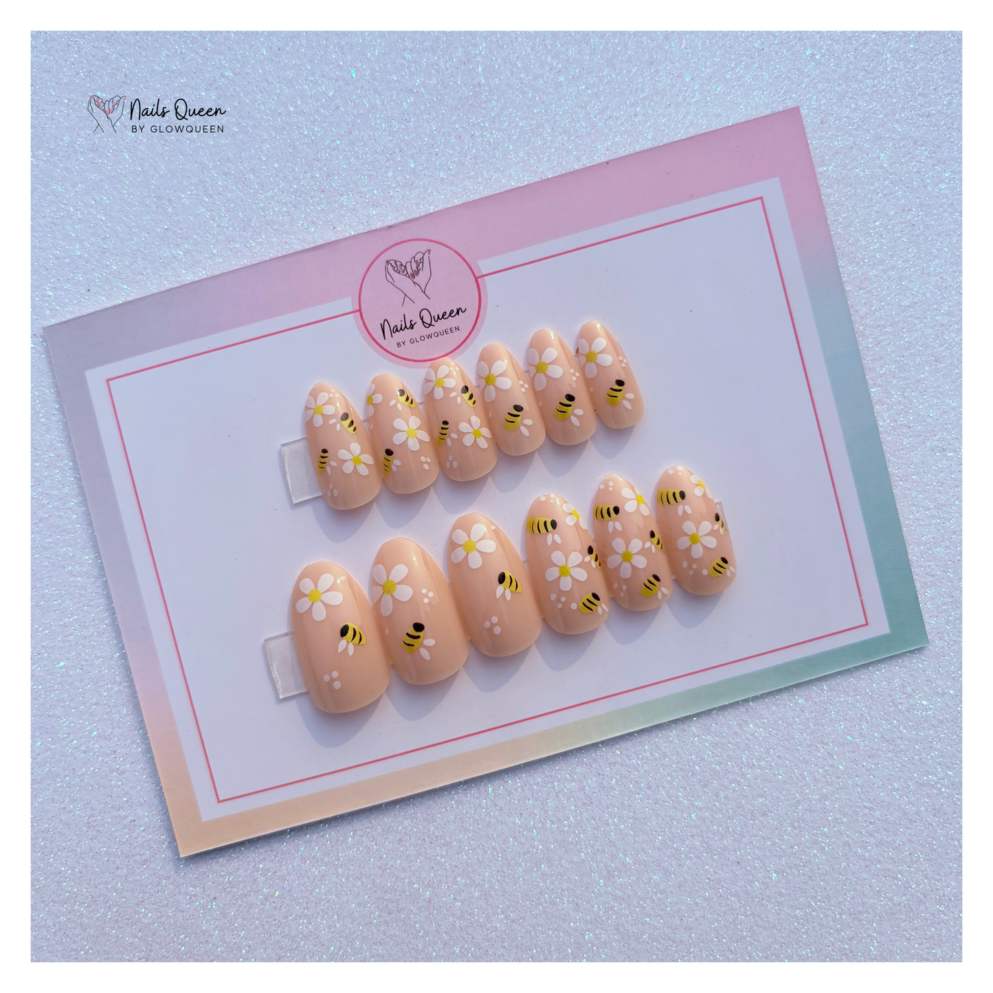 Floral Bees Almond Press-On Nails