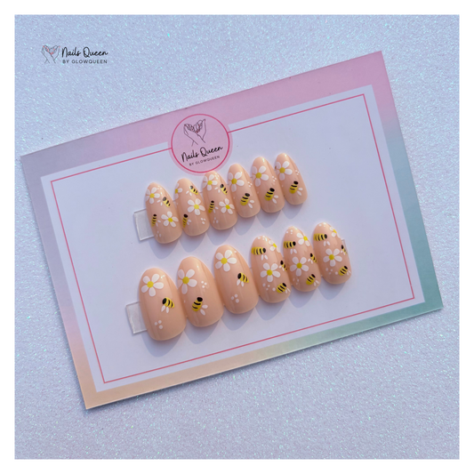 Floral Bees Almond Press-On Nails