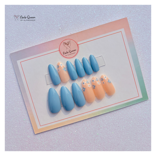 Blue Flora Almond l Press-On Nails